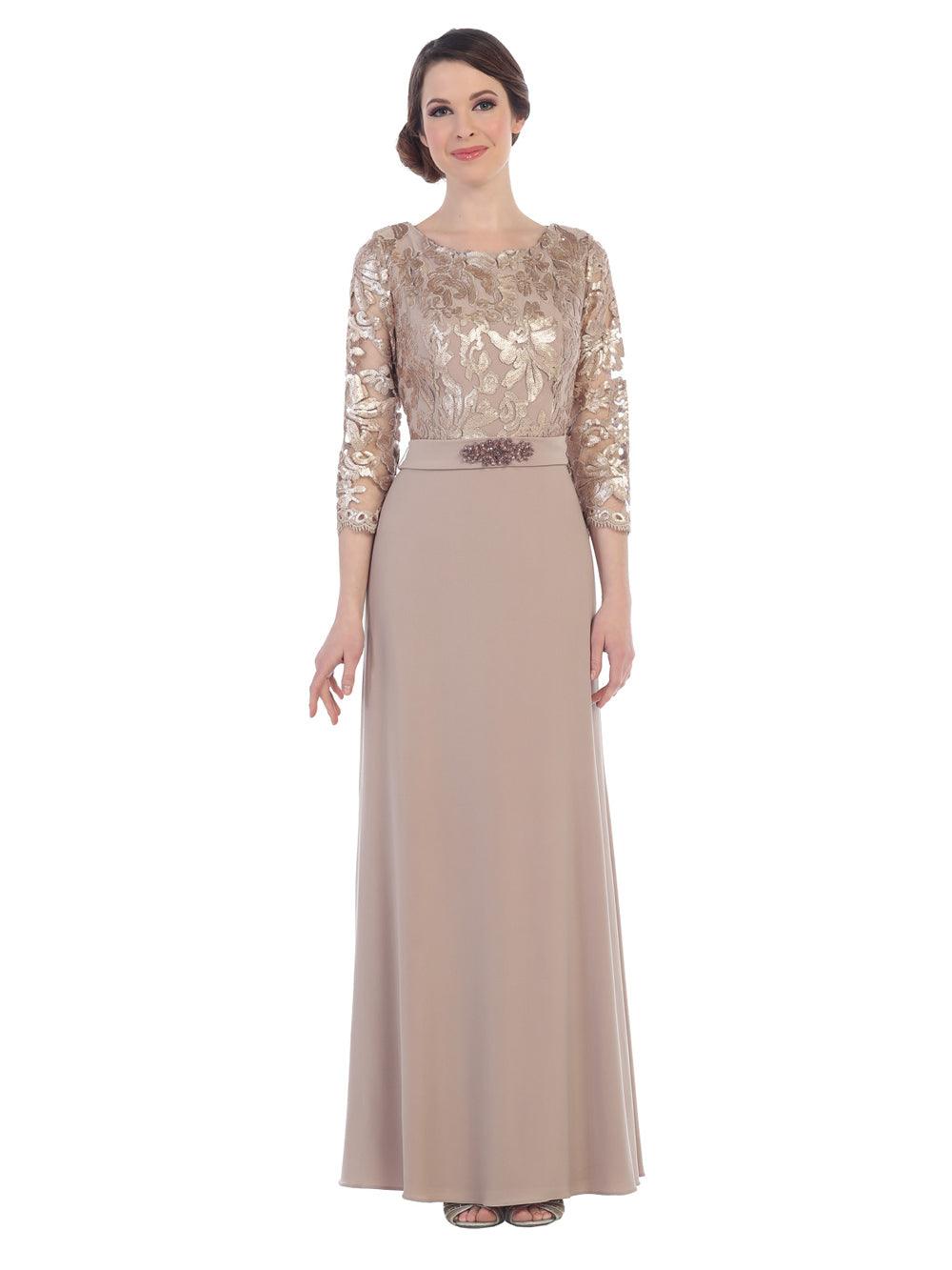 Full-length mother of the bride gown sequined bodice flowing ITY skirt elegant formal evening silhouette