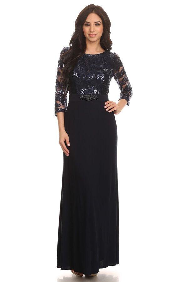 Full-length mother of bride formal gown sequined bodice with flowing ITY skirt elegant silhouette