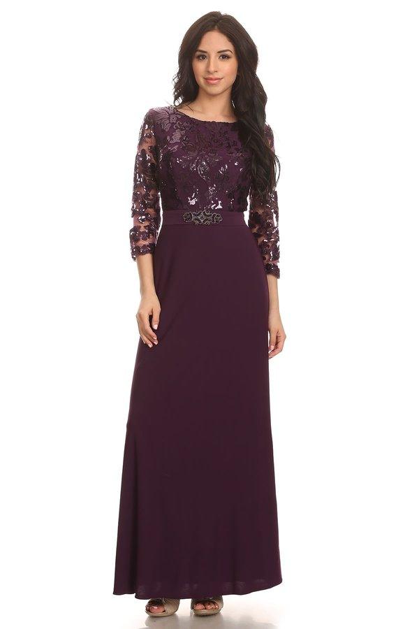 Full-length mother of the bride gown sequined bodice flowing ITY skirt formal evening elegant silhouette