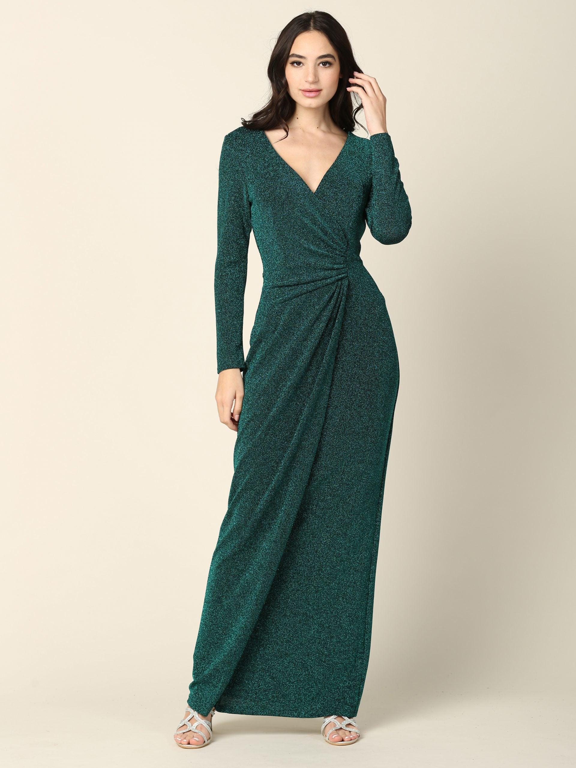 Elegant metallic silver mother of the bride full-length gown with long sleeves and V-neckline