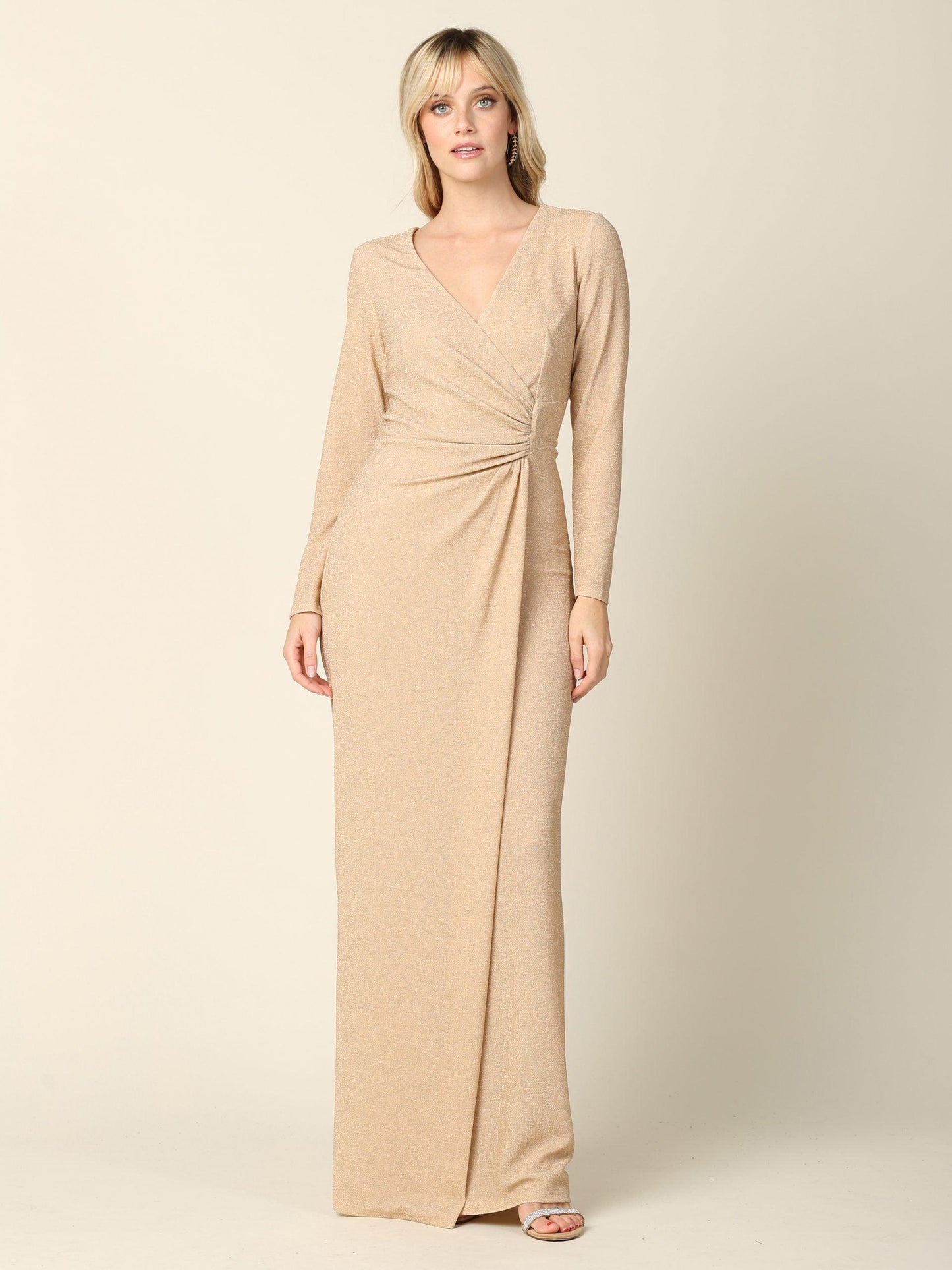 Elegant metallic long sleeve V-neck mother of the bride full-length gown with evening-ready shine