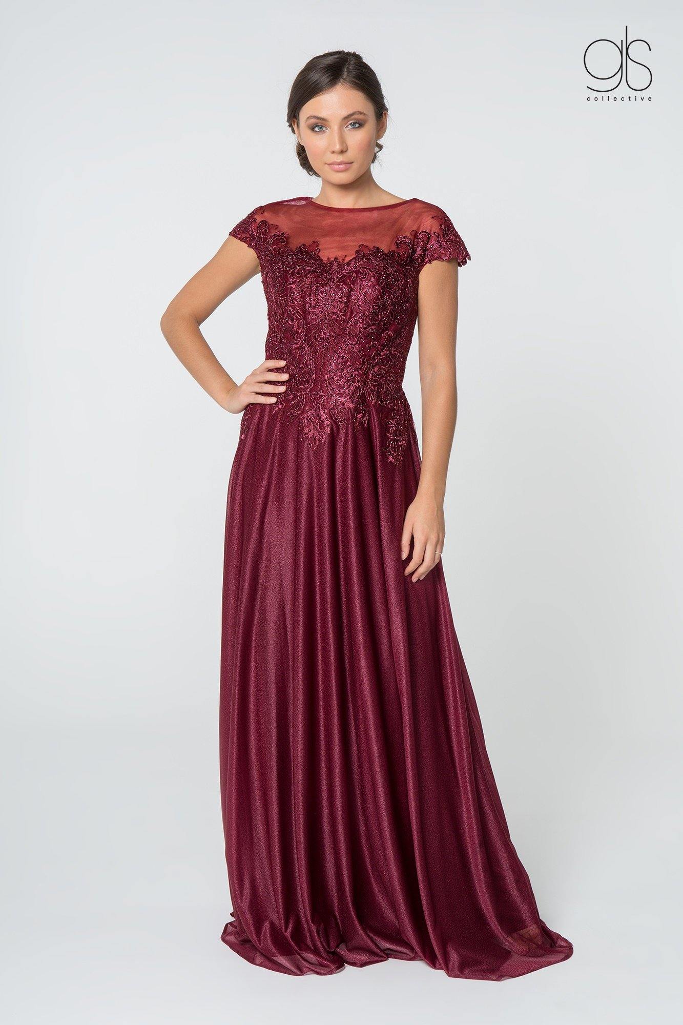 Elegant long chiffon lace mother of the bride gown with boat neckline and delicate cap sleeves
