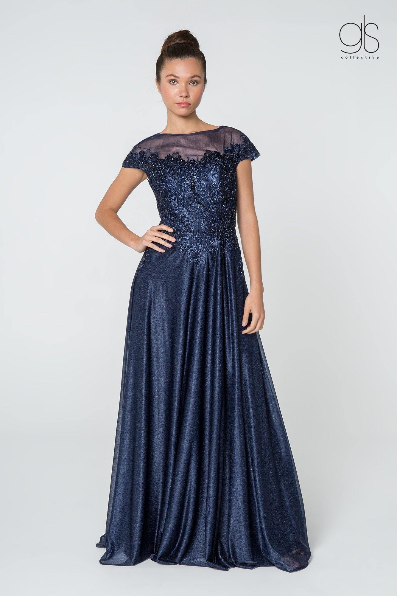Elegant long chiffon lace mother of the bride gown boat neckline cap sleeves formal dress
