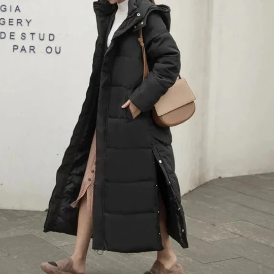 Women's long quilted hooded winter coat structured fit full-body coverage with pockets