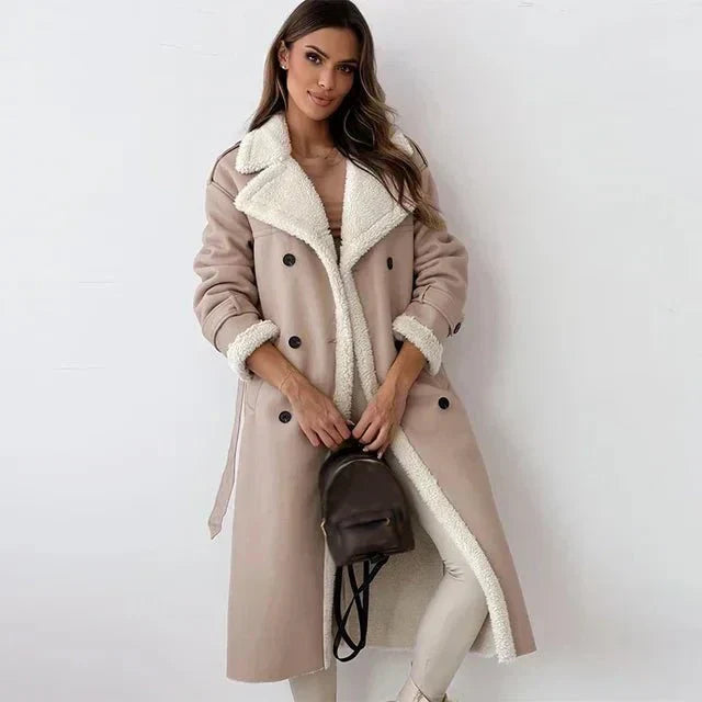 Women's long shearling PU leather coat relaxed fit double-breasted wide lapels faux fur trim