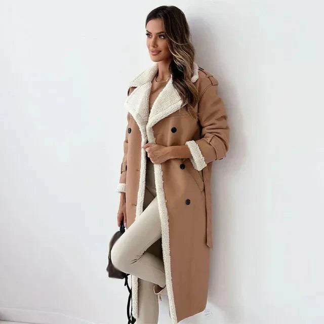 Women's long shearling PU leather coat relaxed fit double-breasted wide faux fur lapels luxe warmth