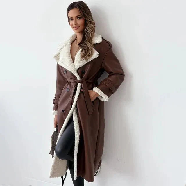 Women's long shearling PU leather coat relaxed fit double-breasted wide lapels faux fur trim