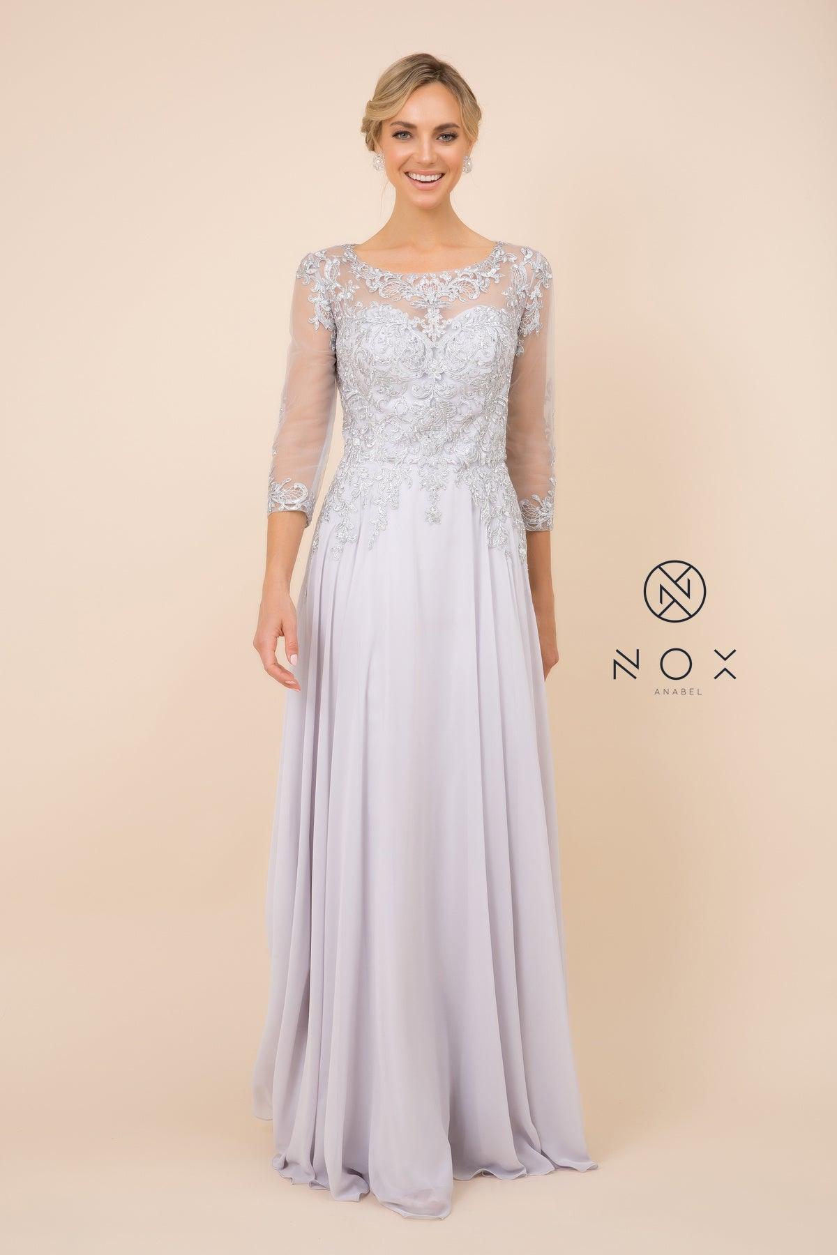 Floor-length chiffon mother of bride gown, illusion embroidered bodice with beaded sheer sleeves