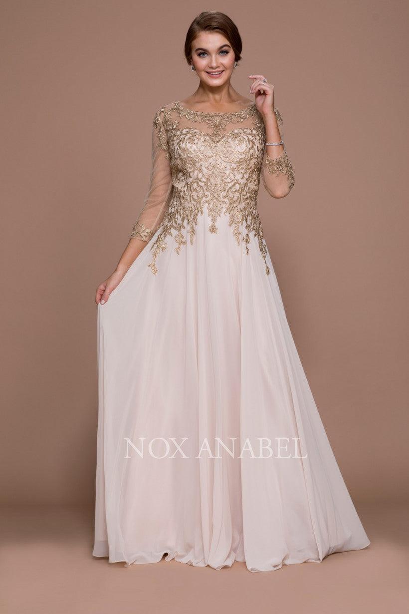 Floor-length chiffon mother of bride gown with illusion embroidered bodice and sheer sleeves