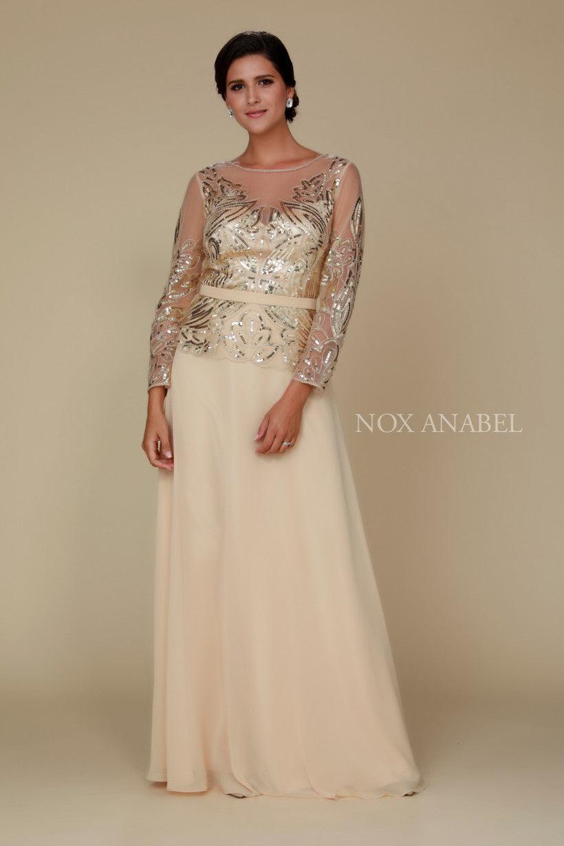 Champagne long sleeve mother of bride gown with sequined illusion bodice and sheer embellished sleeves