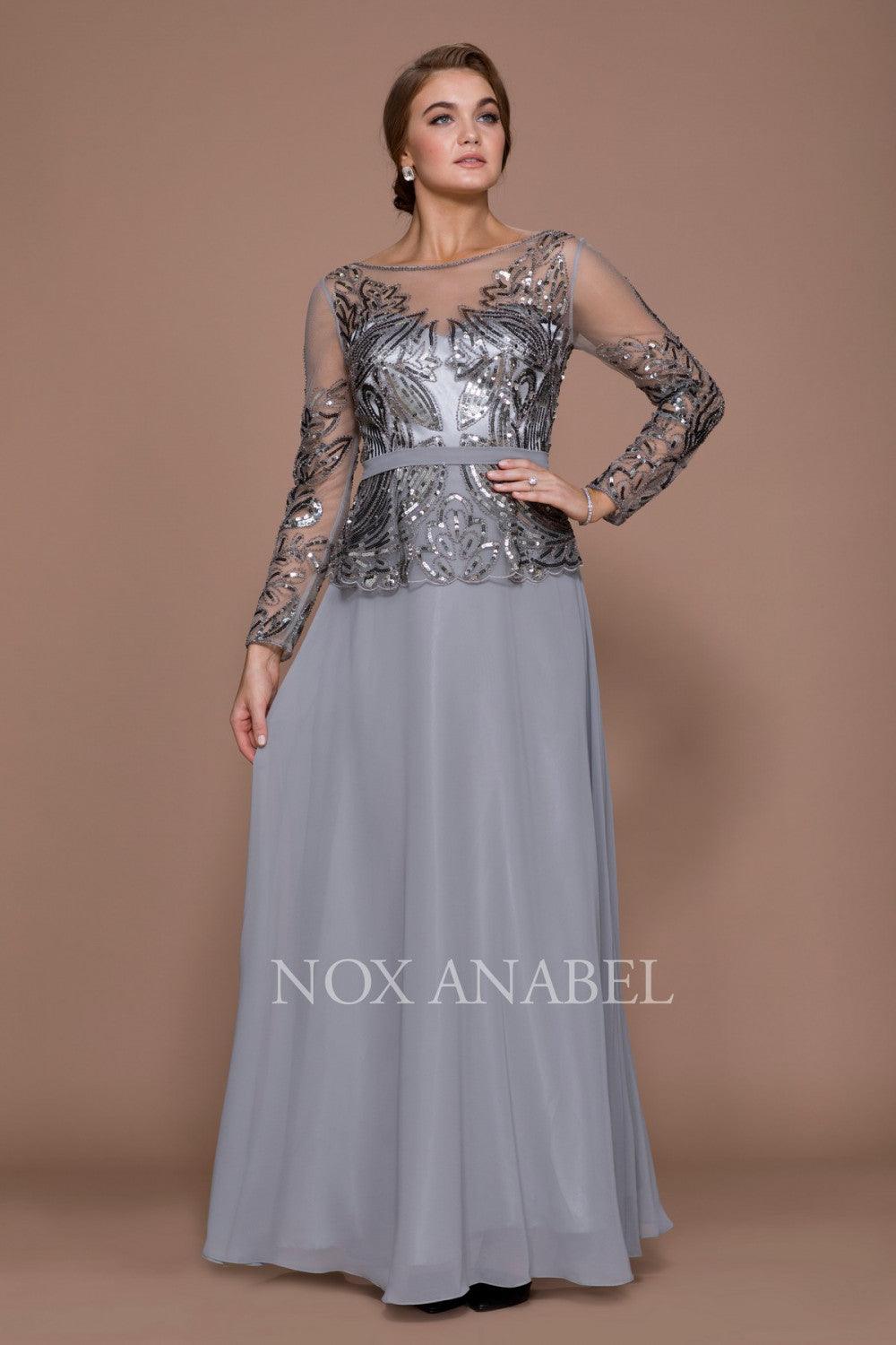 Champagne mother of bride long sleeve gown with high-neck illusion sequined bodice and sheer chiffon skirt