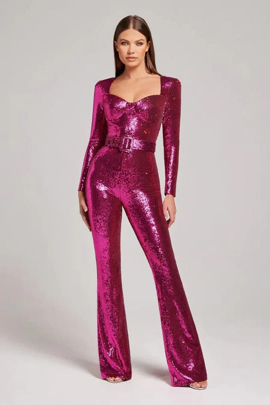 Women's long sleeve sequin jumpsuit dazzling all-over embellishment flattering formal eveningwear fit