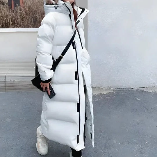 Women's long winter jacket with adjustable hood, flattering silhouette, cold-weather warmth and style