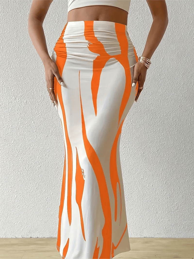 Auberge abstract print maxi skirt high-waisted flared hem lightweight fabric modern silhouette
