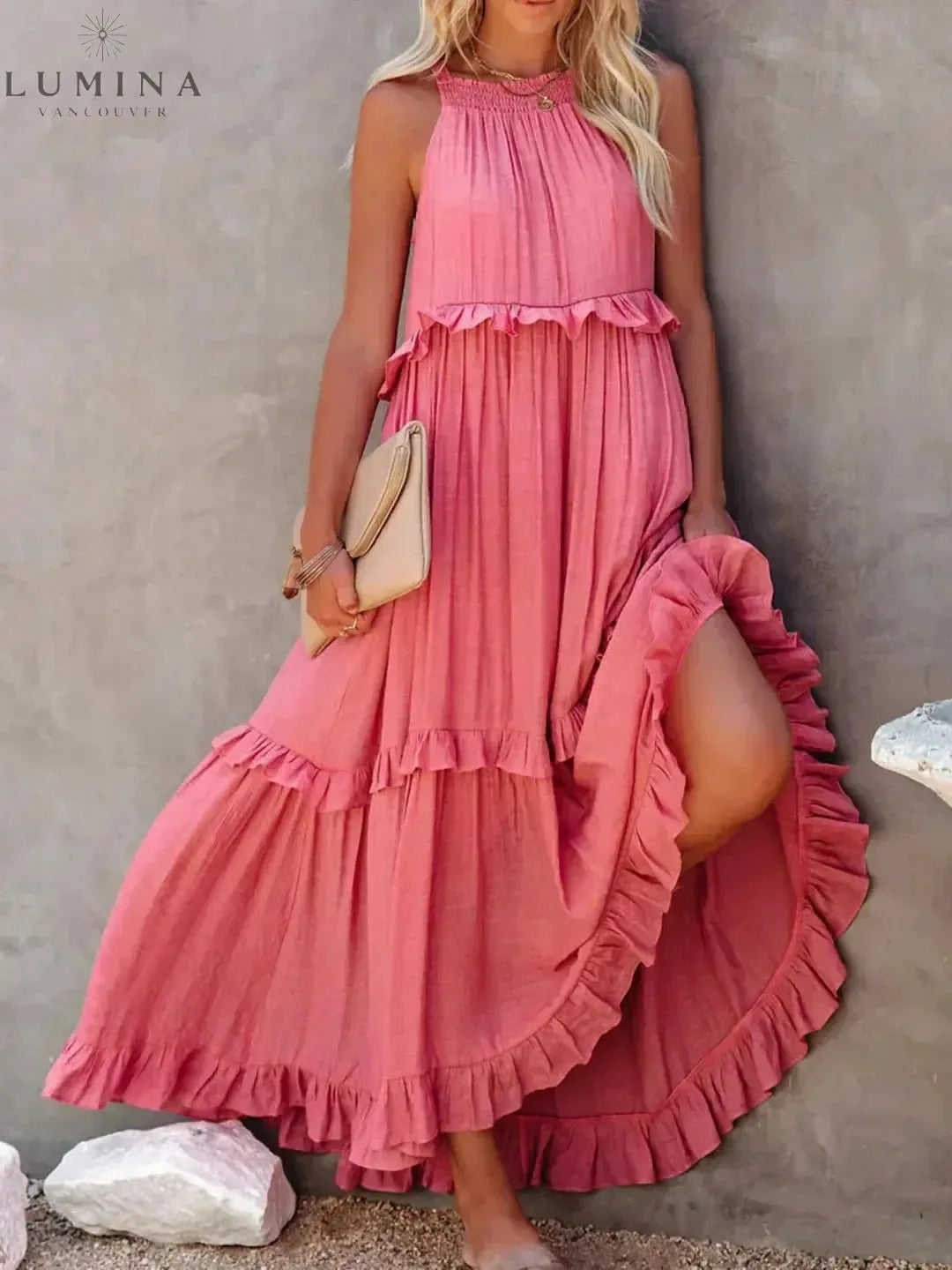 Lorena halterneck maxi dress with ruffles, pockets, adjustable back bow, relaxed fit summer style