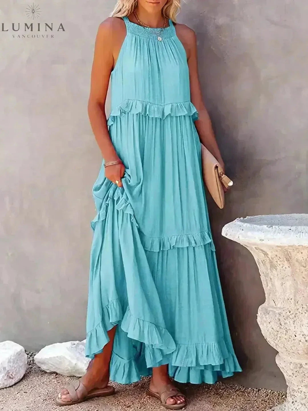 Floral halterneck maxi dress with ruffles, adjustable back bow, pockets, relaxed summer fit