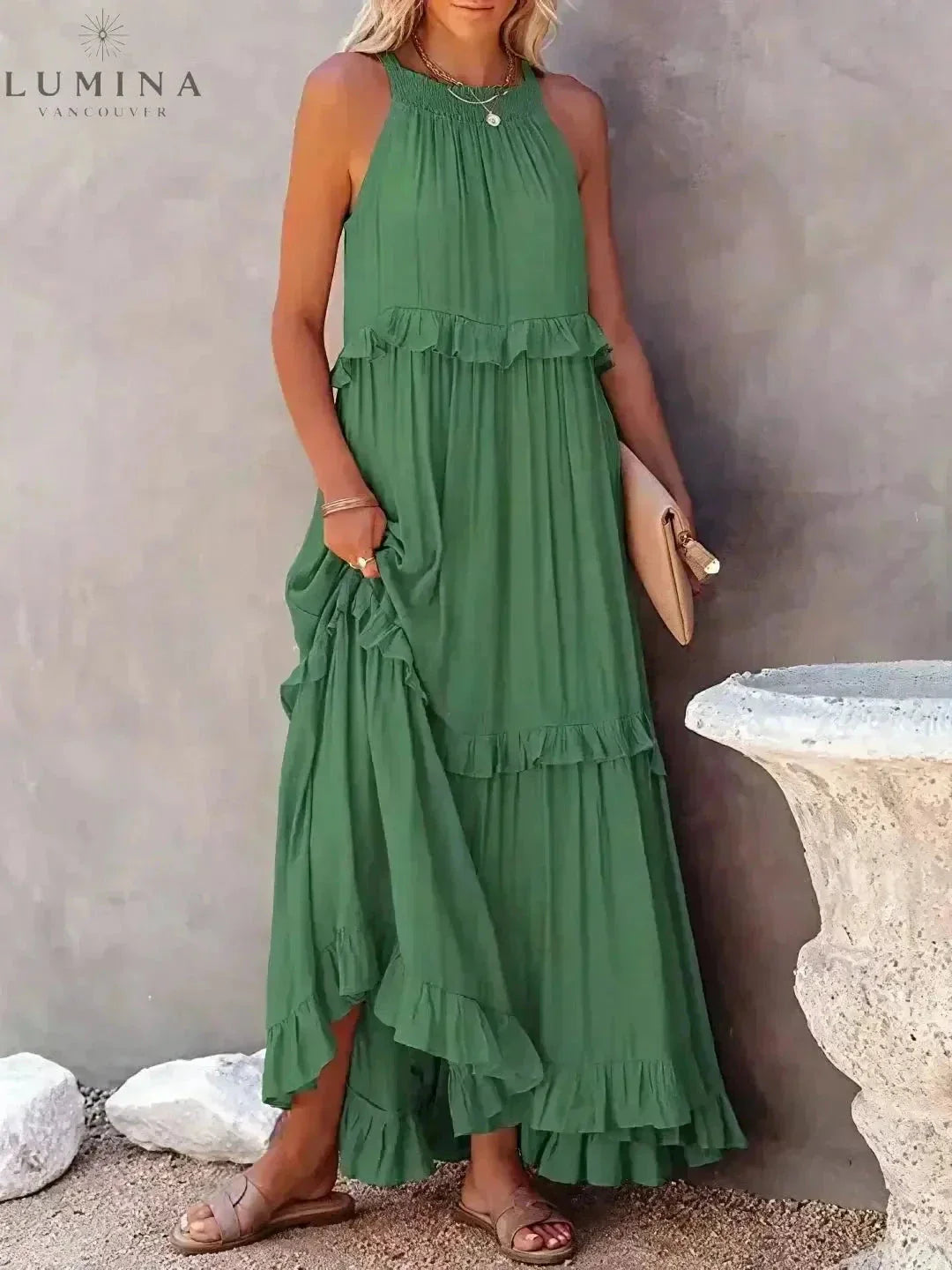 Lorena ivory halterneck maxi dress with ruffles, pockets, adjustable back bow, relaxed summer fit