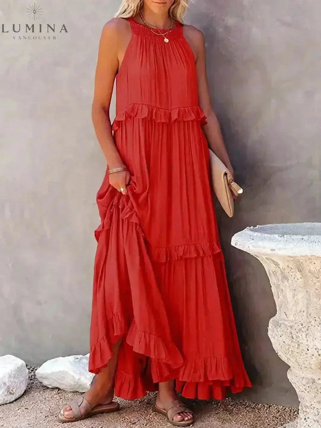 Lorena white halterneck maxi dress with ruffles, adjustable back bow, pockets, relaxed summer fit