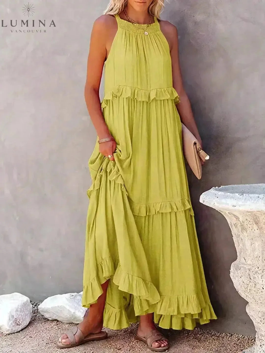Lorena ivory halterneck maxi dress with ruffles, adjustable back bow, pockets, relaxed fit