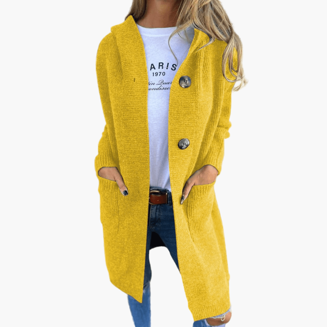 Women's longline knit cardigan loose fit large buttons elegant everyday layering piece