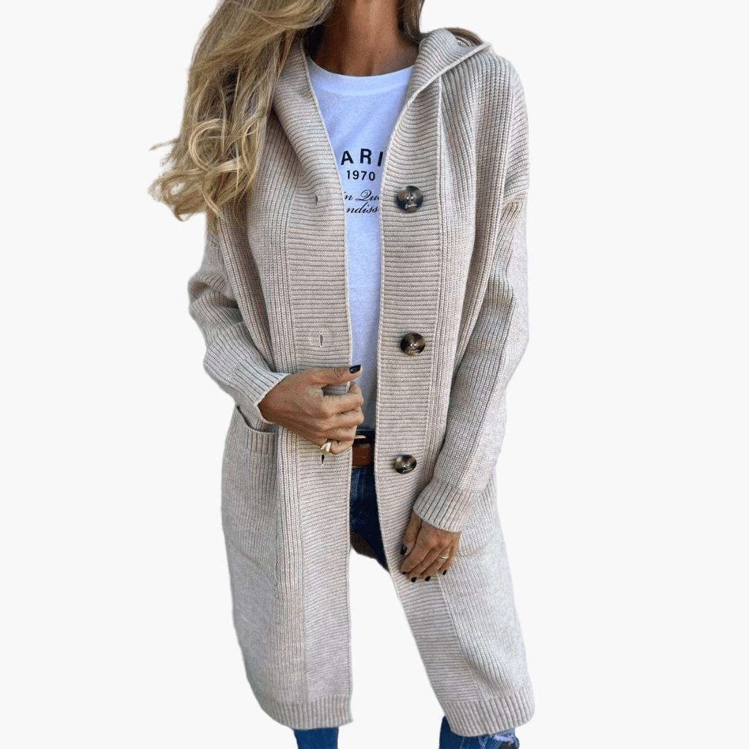 Women's longline knit cardigan loose fit large buttons elegant everyday layering piece