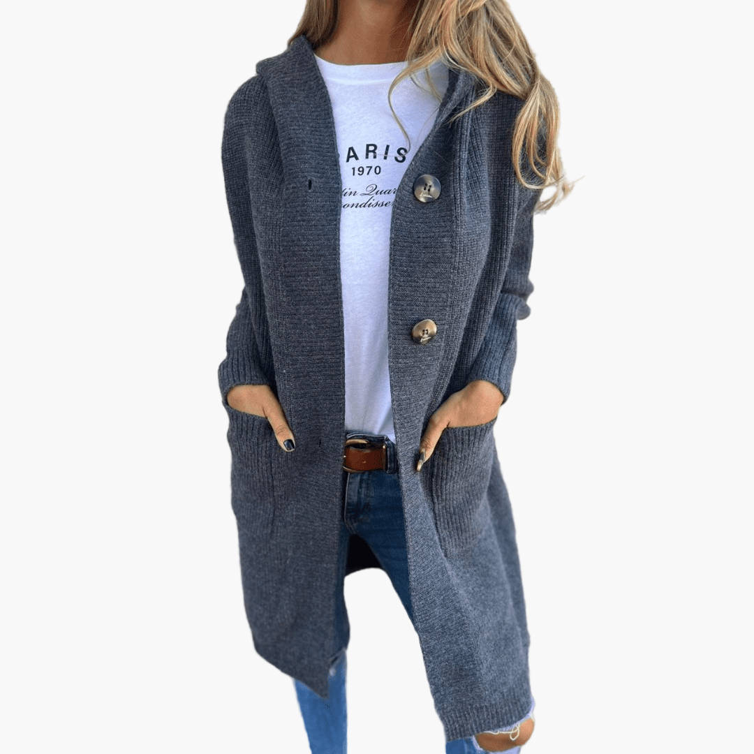 Women's longline knit cardigan loose fit large buttons elegant everyday office-ready layering piece