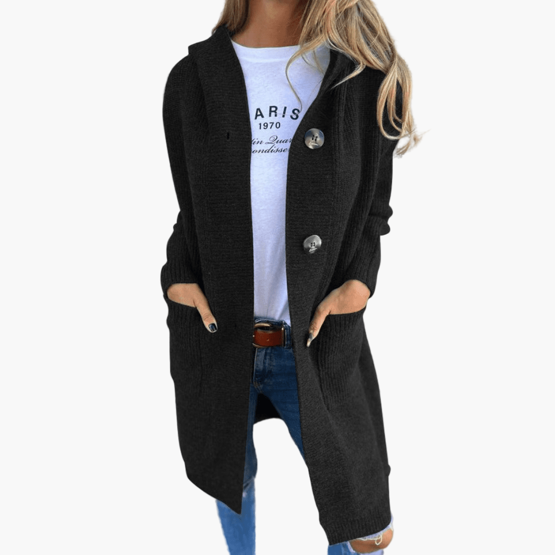 Women's longline knit cardigan loose fit large buttons elegant everyday office-ready essential