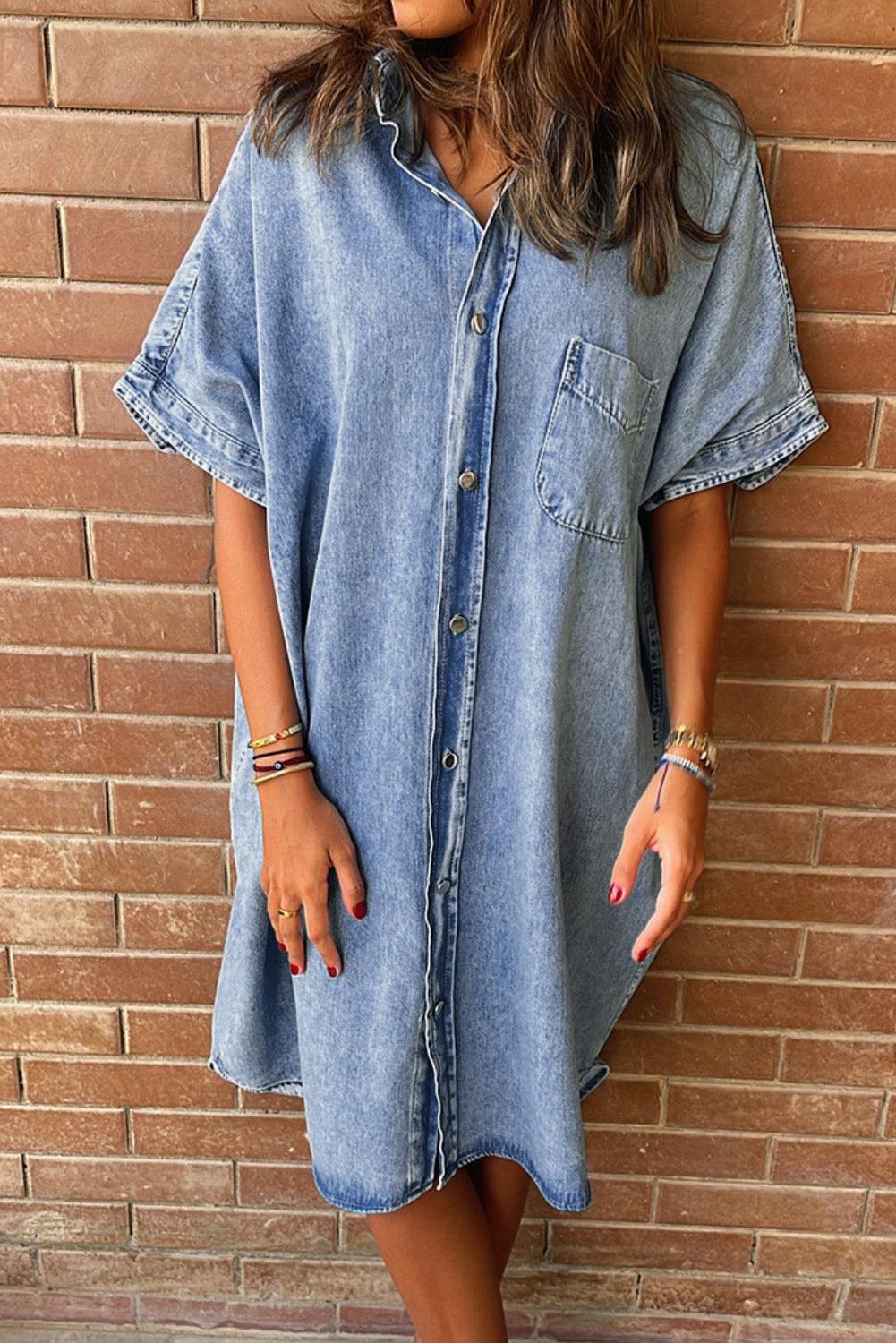 Oversized women's denim shirt dress short sleeves button-down closure relaxed fit for effortless layering
