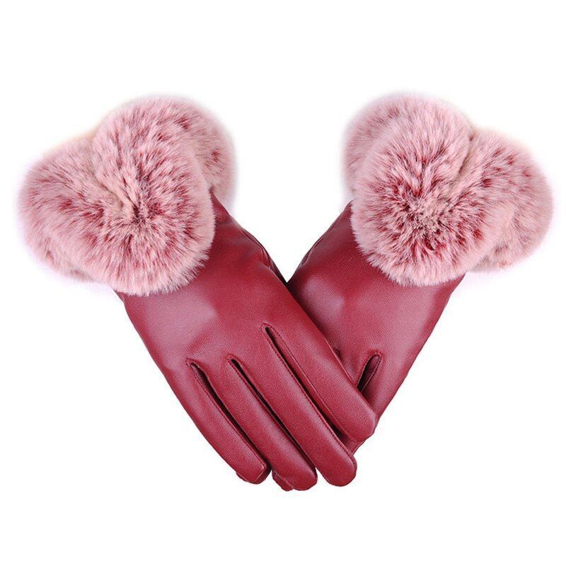 Black PU leather unisex gloves with faux rabbit fur lining, sleek winter fashion accessory