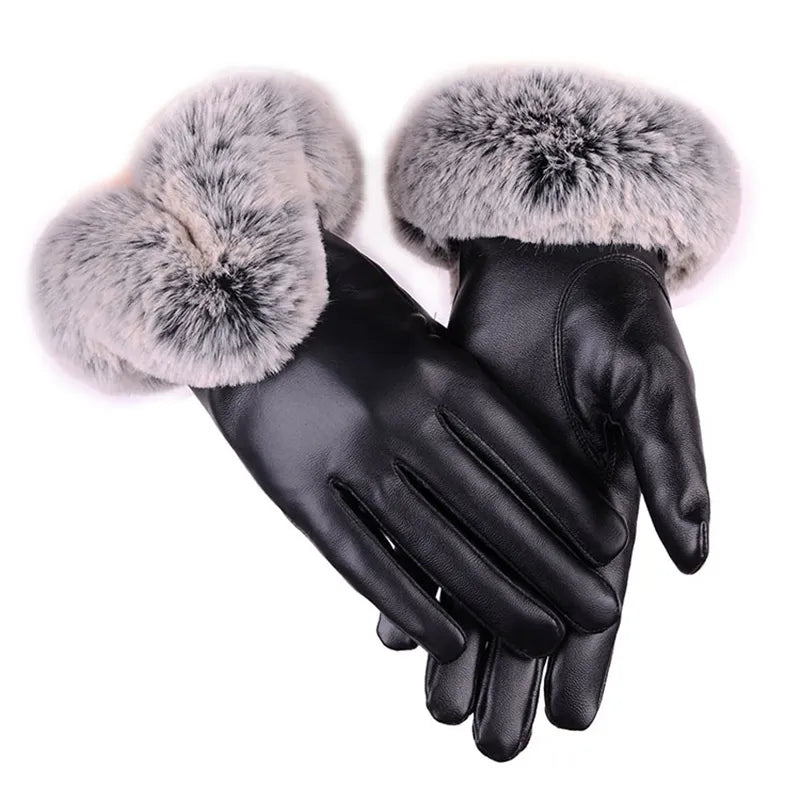 Black PU leather winter gloves with faux rabbit fur lining, unisex sleek design, one size fits most