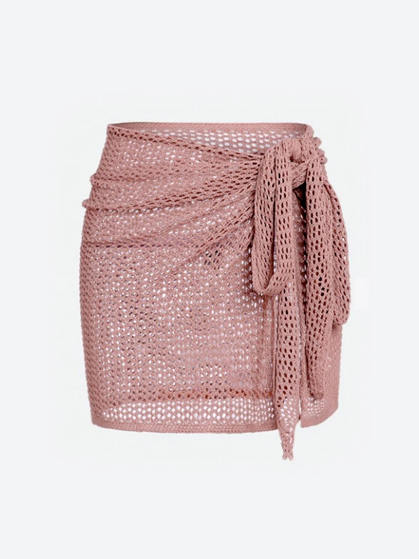 Women's sheer open-knit mesh beach cover-up skirt in neutral with adjustable tie waist