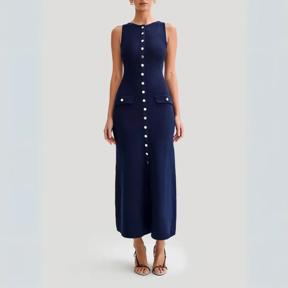 Lou knit maxi dress sleeveless bodycon fit button-down front elegant summer party style