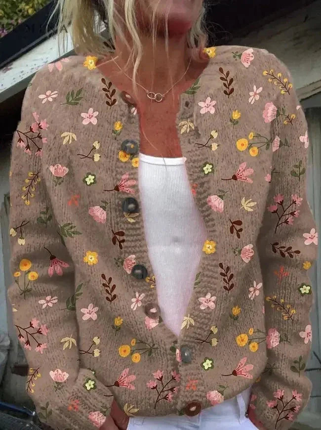 Floral print women's cardigan soft comfort knit elegant layering piece versatile silhouette