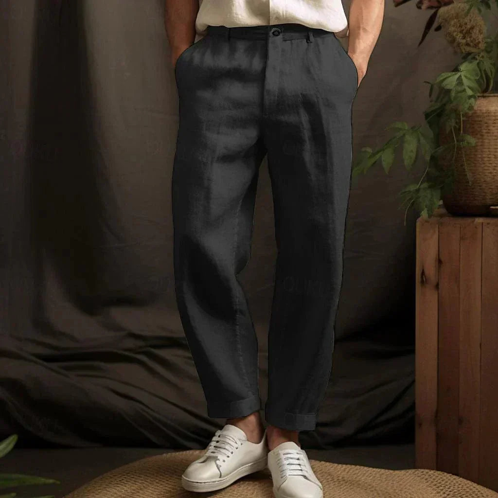 Men's beige linen summer pants relaxed fit with elastic waistband breathable everyday wear