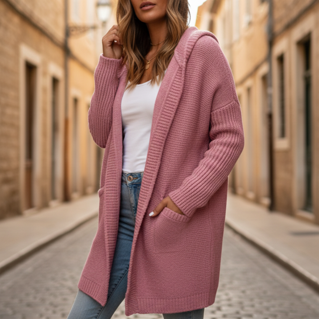 Women's hooded cardigan cozy loose fit with side pockets for casual everyday comfort