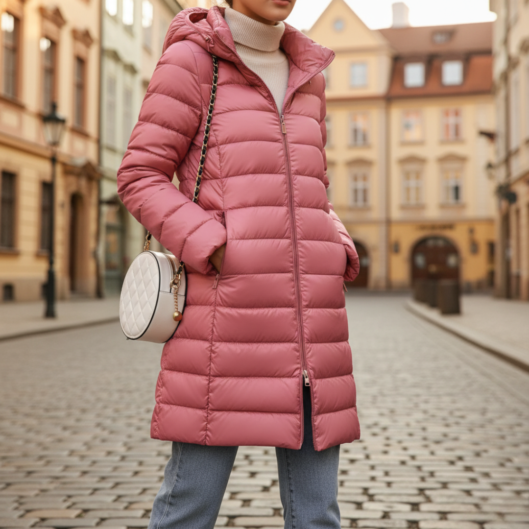 Women's long quilted down winter coat with hood, water-resistant insulation, tailored fit