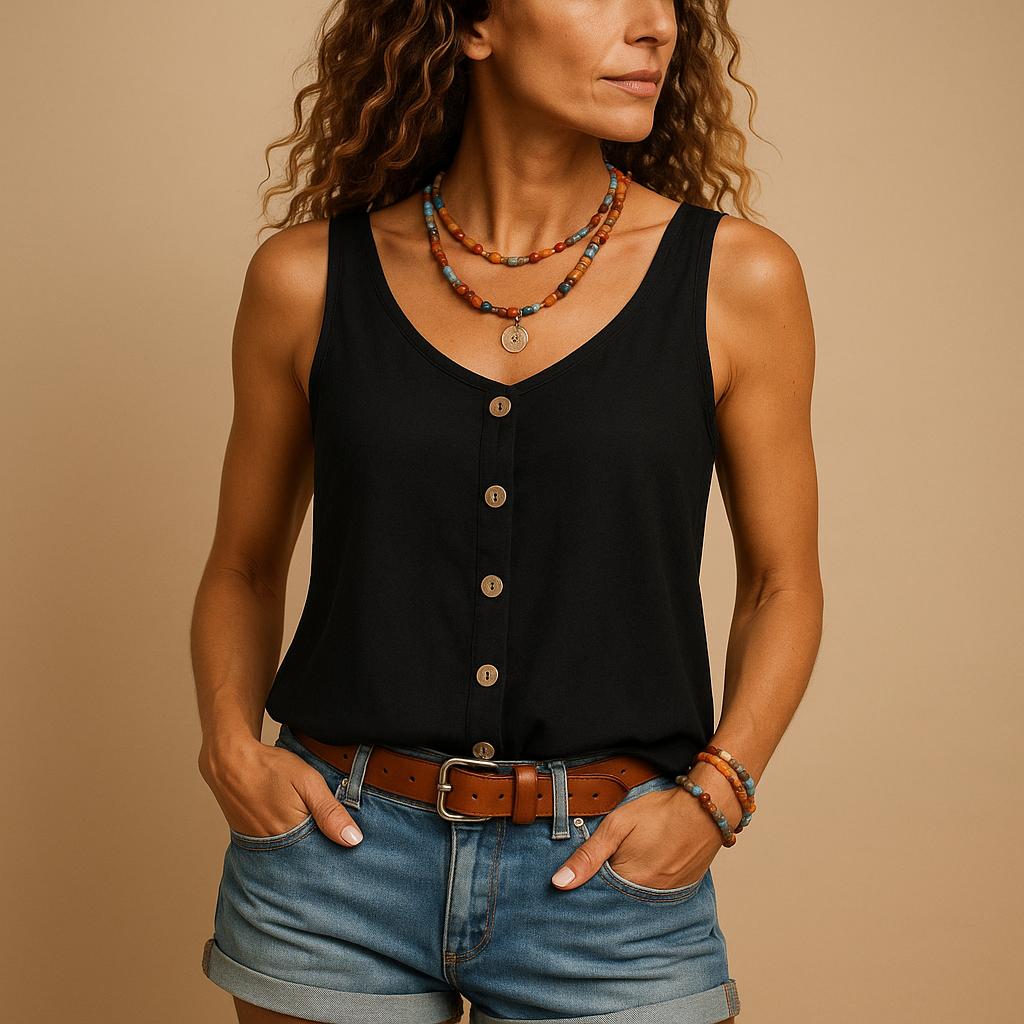 Women's sleeveless breathable V-neck top in green, relaxed summer fit with functional side pockets
