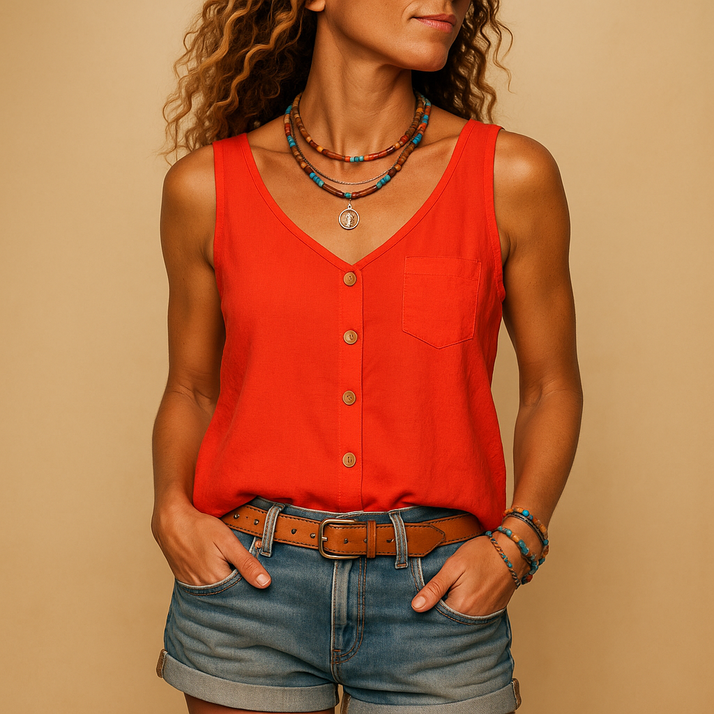 Women's sleeveless breathable V-neck top with side pockets, relaxed fit, available in multiple colors
