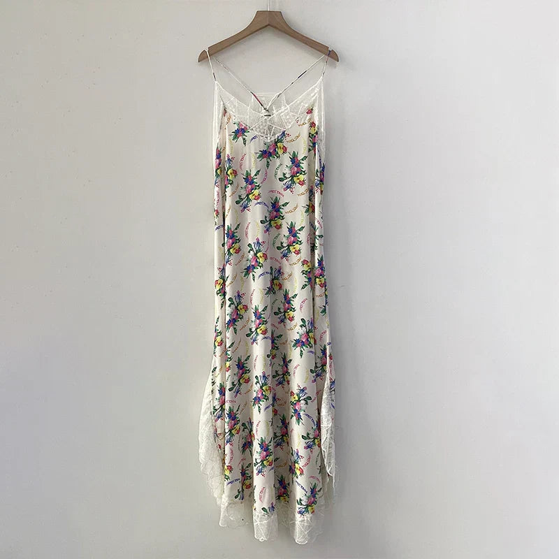 Women's silk midi dress ivory sleeveless V-neck with delicate lace embroidery flowing silhouette