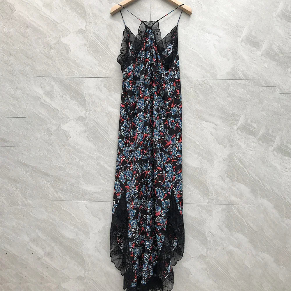 Ivory silk midi dress sleeveless V-neck with delicate lace embroidery flowing silhouette