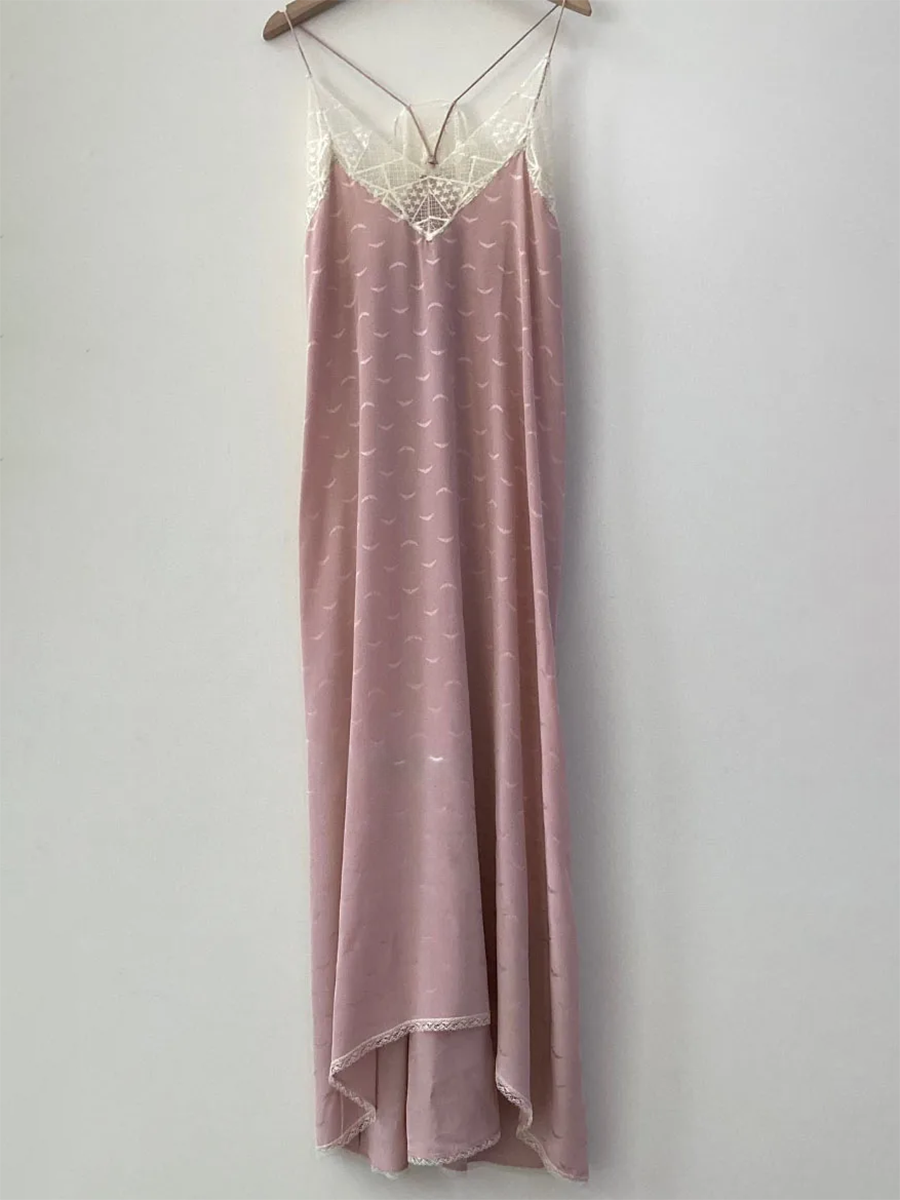 Ivory silk midi dress sleeveless V-neck cut with delicate lace embroidery flowing silhouette