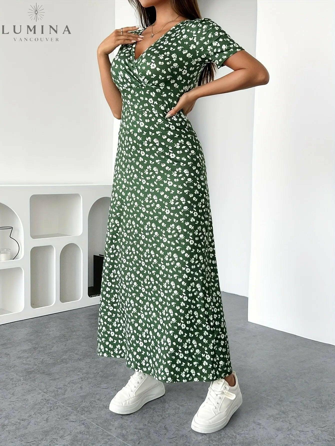 Women's floral knit peplum dress with V-neck ruched bust, elegant spring silhouette