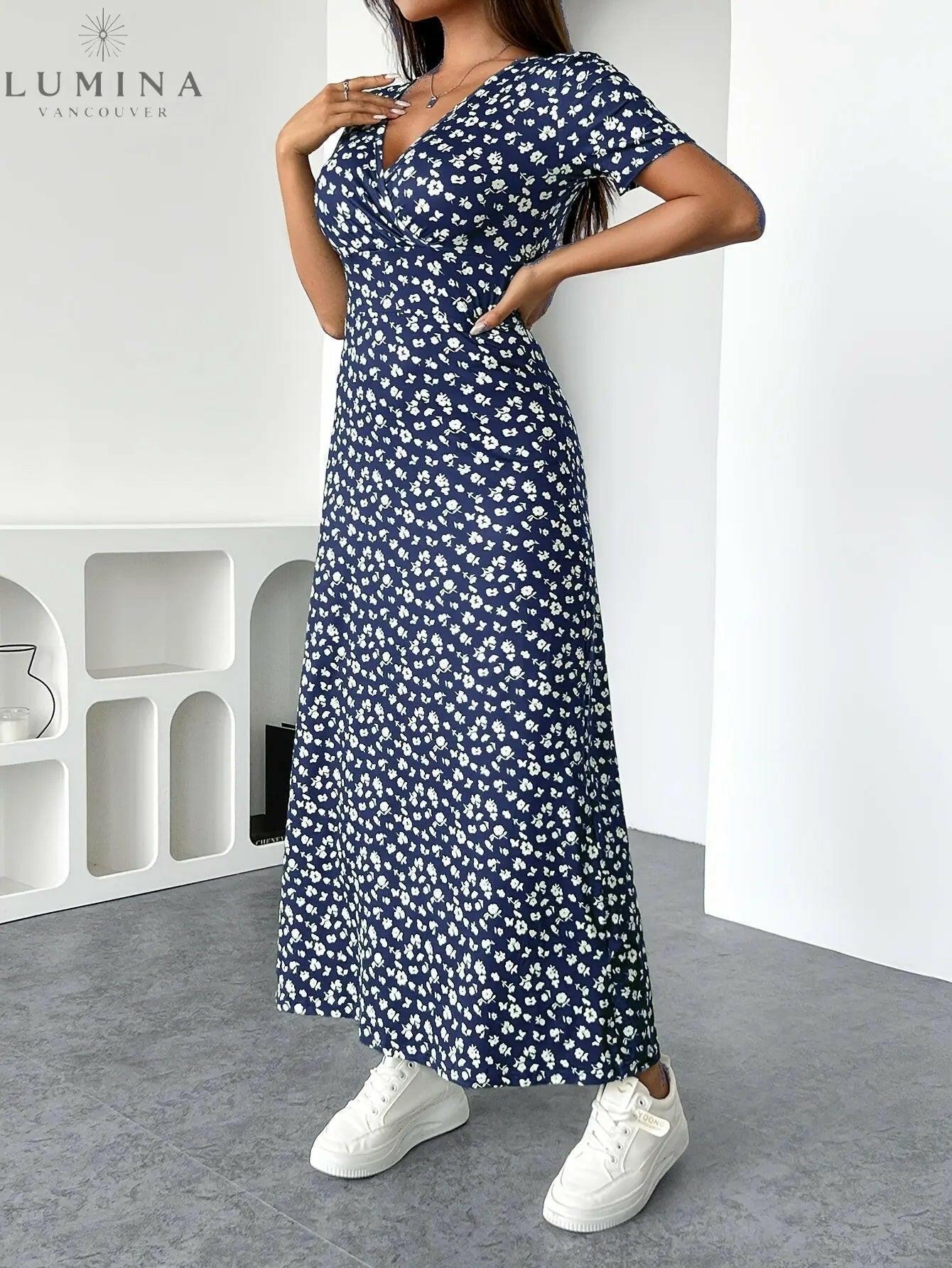 Lucia floral knit dress women V-neck ruched bust peplum silhouette lightweight spring style