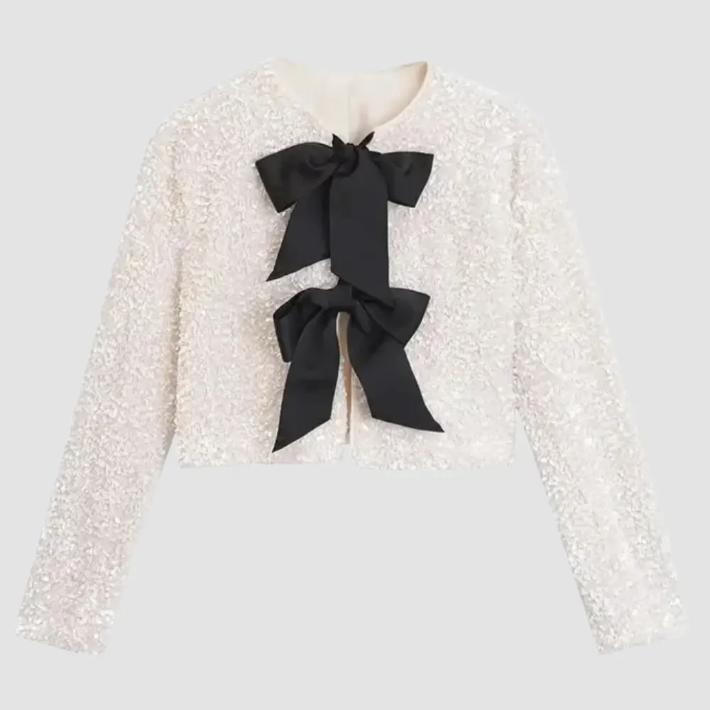 Women's cropped sequin blazer silver sparkle party jacket with satin bow closure festive glam