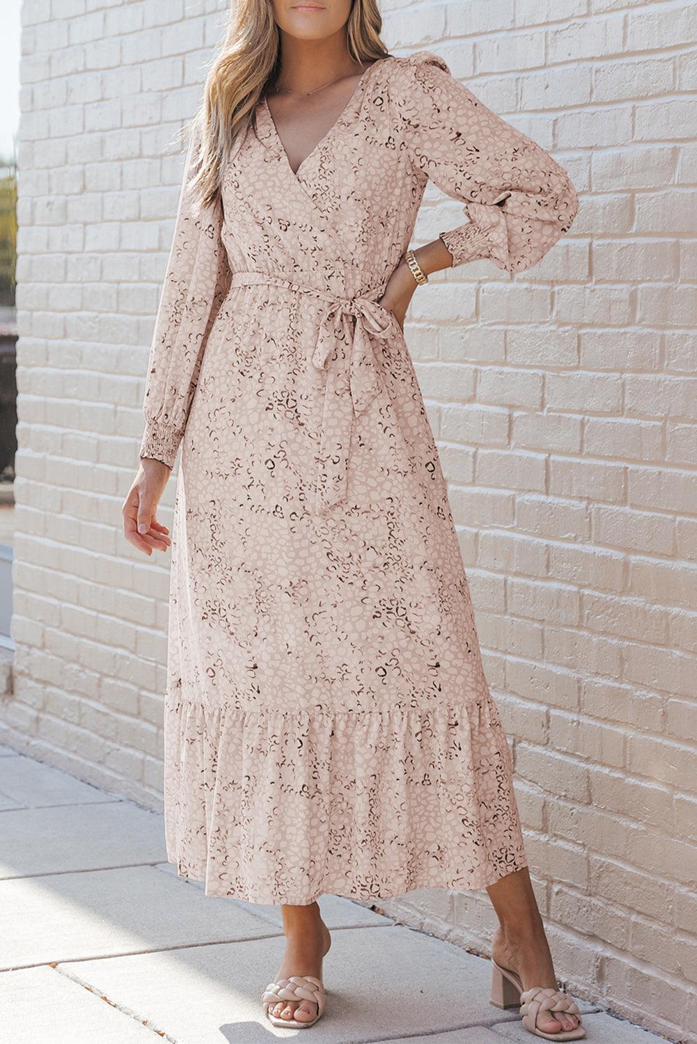 Boho women's maxi wrap dress with V-neck tie belt, flowy airy fit for all-day comfort