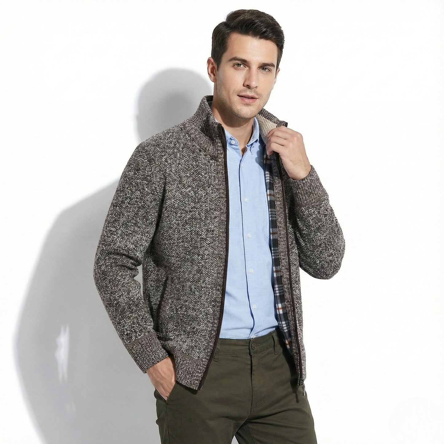 Men's tailored zip-up jacket with stand collar, sleek structured silhouette for office and travel