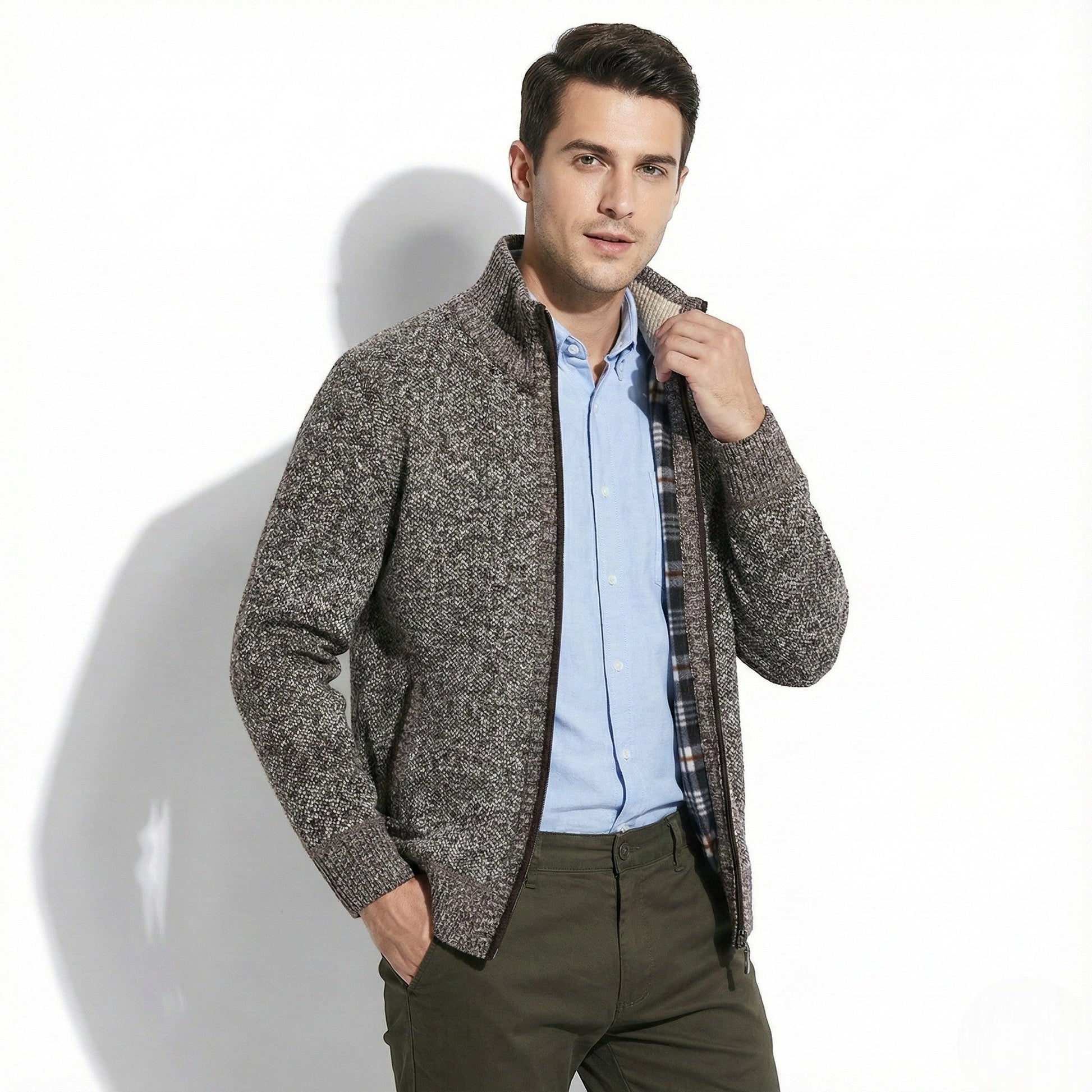 Men's tailored zip-up jacket with stand collar, sleek structured silhouette for office and travel
