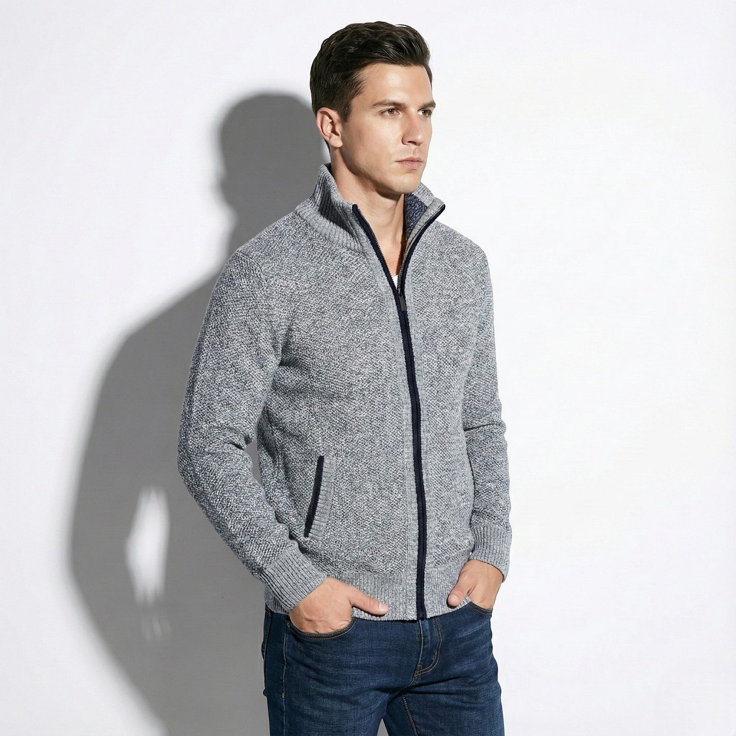Men's tailored zip-up jacket with stand collar, sleek structured profile for office and travel wear