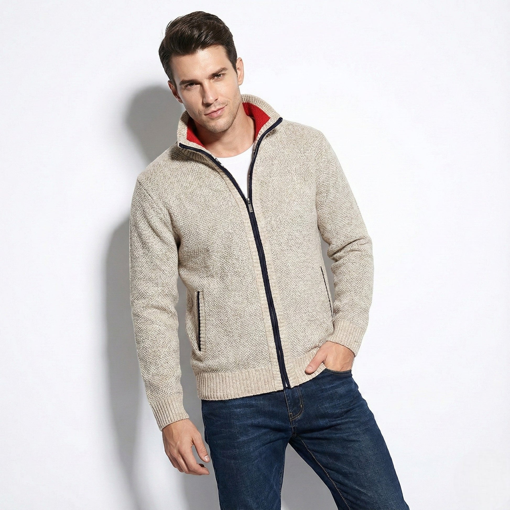 Men's tailored zip-up jacket with stand collar, sleek structured silhouette for office and travel