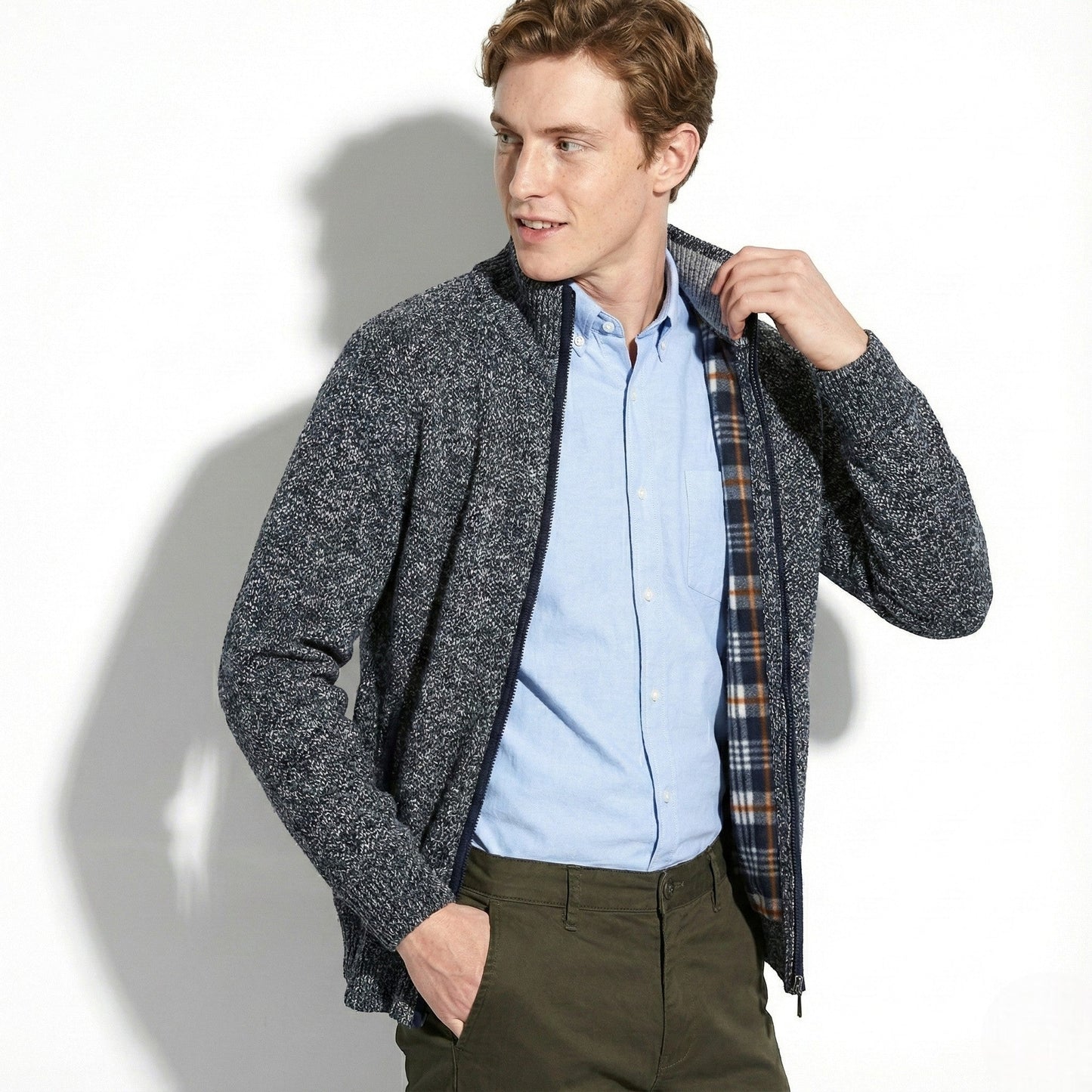 Men's tailored zip-up jacket stand collar structured silhouette office travel everyday wear
